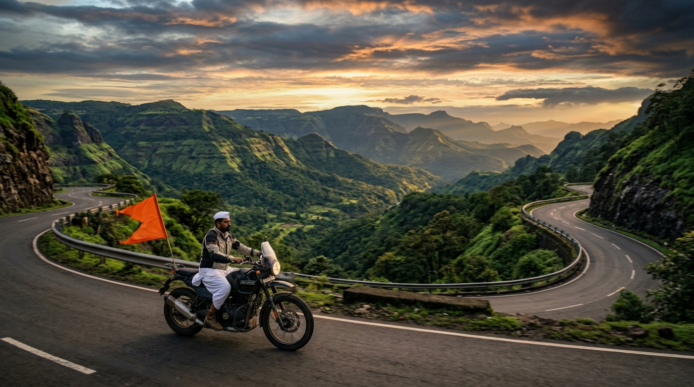 Himalayan motorcycle on sacred Indian road at sunrise